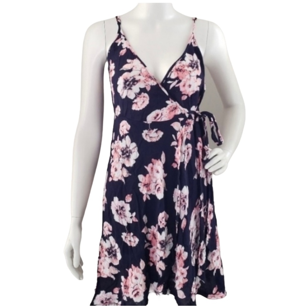 Band of Gypsies Ruffle Front Wrap V-neck Dress Navy and Pink Floral Small